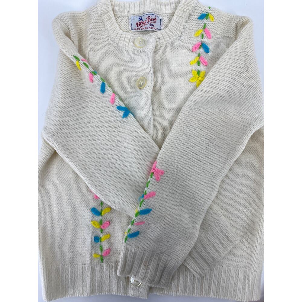 VTG 1980 Blue Bird girl sz2-4 sweater Easter and embroidered White Cardigan - Picture 6 of 8